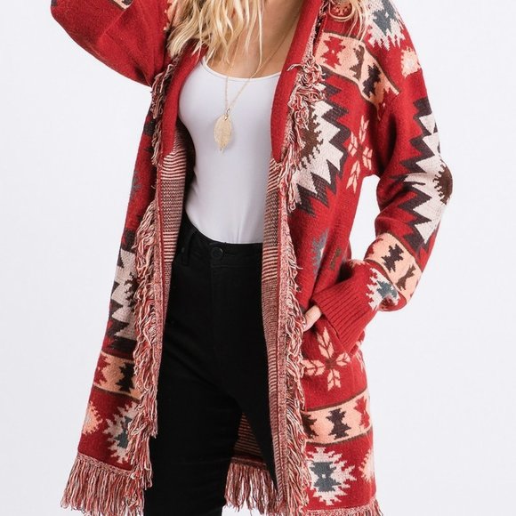 Tribal Print Aztec Fringe Detail Red Brick  Oversized Cardigan - Picture 5 of 9
